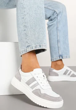 Biało-Szare Płaskie Sneakersy ze Skóry Naturalnej Ozdobione Paskami i Perforacją Floriwa
