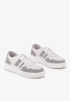 Biało-Szare Płaskie Sneakersy ze Skóry Naturalnej Ozdobione Paskami i Perforacją Floriwa