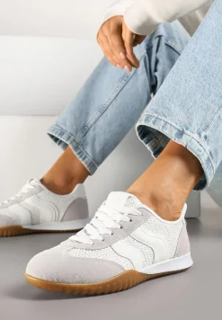Biało-Szare Sneakersy z Geometrycznym Motywem i Plecionką Laniffia