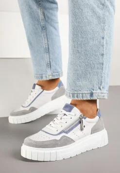 Biało-Szare Streetwearowe Sneakersy ze Skóry Naturalnej z Ozdobnym Suwakiem Eleavenna