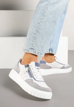 Biało-Szare Streetwearowe Sneakersy ze Skóry Naturalnej z Ozdobnym Suwakiem Eleavenna