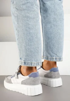Biało-Szare Streetwearowe Sneakersy ze Skóry Naturalnej z Ozdobnym Suwakiem Eleavenna