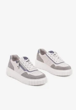 Biało-Szare Streetwearowe Sneakersy ze Skóry Naturalnej z Ozdobnym Suwakiem Eleavenna