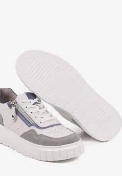 Biało-Szare Streetwearowe Sneakersy ze Skóry Naturalnej z Ozdobnym Suwakiem Eleavenna