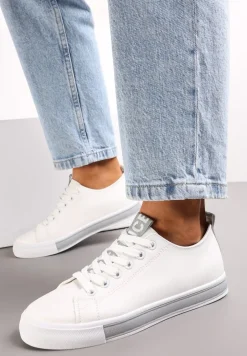 Biało-Szare Sznurowane Tenisówki na Ozdobnej Podeszwie z Taśmą z Napisami Majara