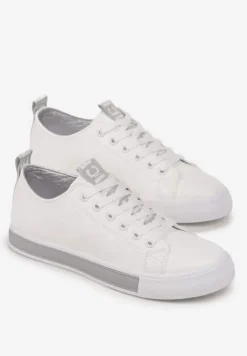 Biało-Szare Sznurowane Tenisówki na Ozdobnej Podeszwie z Taśmą z Napisami Majara