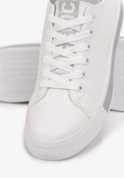 Biało-Szare Sznurowane Tenisówki na Ozdobnej Podeszwie z Taśmą z Napisami Majara