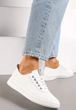 Biało-Szare Tenisówki Ozdobione Taśmą z Napisem na Języku i Pięcie Cholewka z Perforacją Aelita