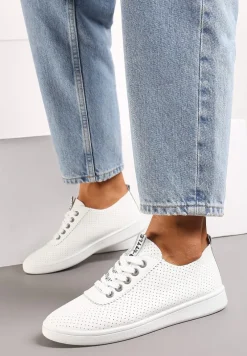 Biało-Szare Tenisówki Ozdobione Taśmą z Napisem na Języku i Pięcie Cholewka z Perforacją Aelita