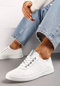 Biało-Szare Tenisówki Ozdobione Taśmą z Napisem na Języku i Pięcie Cholewka z Perforacją Aelita