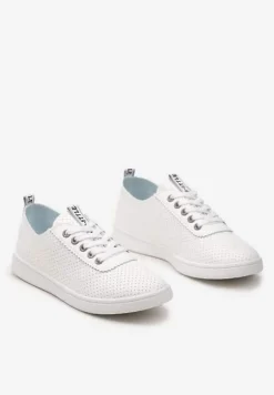 Biało-Szare Tenisówki Ozdobione Taśmą z Napisem na Języku i Pięcie Cholewka z Perforacją Aelita