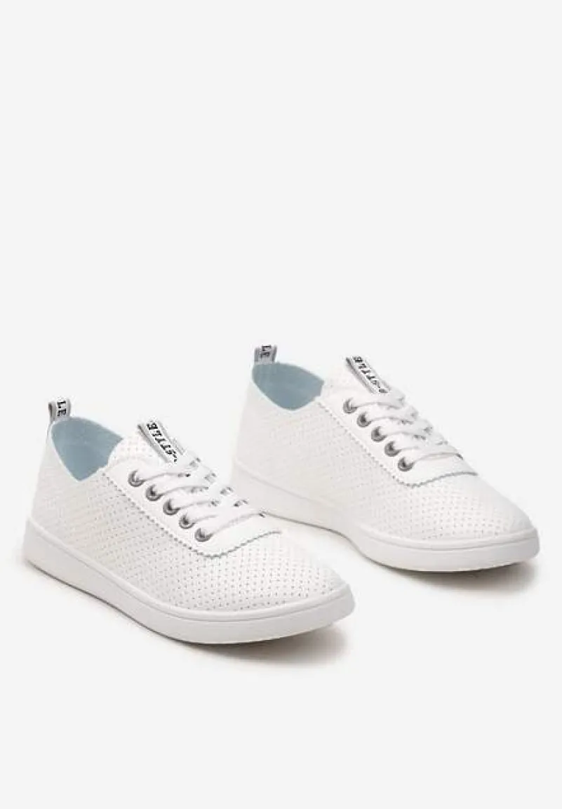 Biało-Szare Tenisówki Ozdobione Taśmą z Napisem na Języku i Pięcie Cholewka z Perforacją Aelita