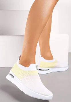 Biało-Żółte Buty Sportowe z Nadrukiem Obmre i Skarpetkową Cholewką Erinevia