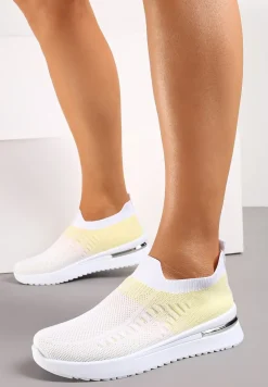 Biało-Żółte Buty Sportowe z Nadrukiem Obmre i Skarpetkową Cholewką Erinevia