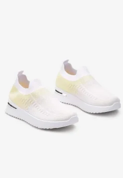 Biało-Żółte Buty Sportowe z Nadrukiem Obmre i Skarpetkową Cholewką Erinevia