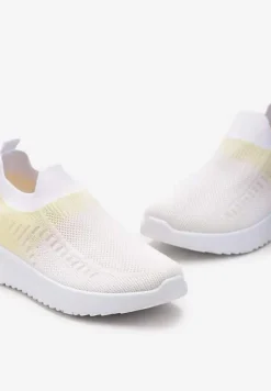 Biało-Żółte Buty Sportowe z Nadrukiem Obmre i Skarpetkową Cholewką Erinevia