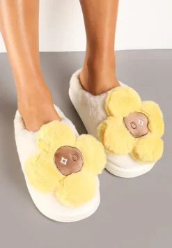 Biało-Żółte Płaskie Kapcie z Aplikacją Kwiatka 3D Temisia