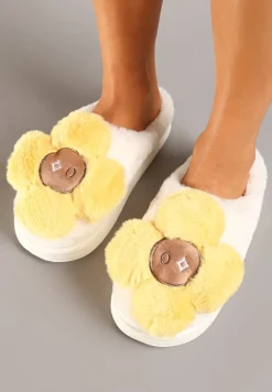 Biało-Żółte Płaskie Kapcie z Aplikacją Kwiatka 3D Temisia