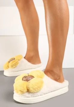 Biało-Żółte Płaskie Kapcie z Aplikacją Kwiatka 3D Temisia