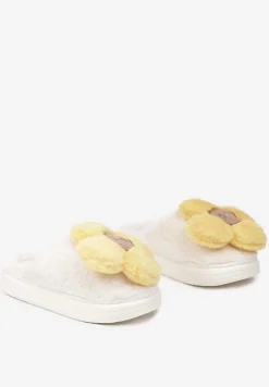 Biało-Żółte Płaskie Kapcie z Aplikacją Kwiatka 3D Temisia