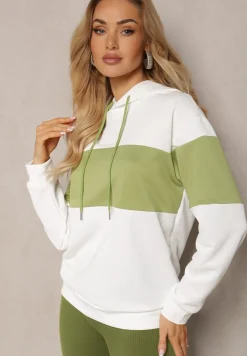 Biało-Zielona Bluza z Bawełny Typu Kangur z Kapturem Hetella