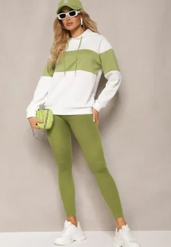 Biało-Zielona Bluza z Bawełny Typu Kangur z Kapturem Hetella