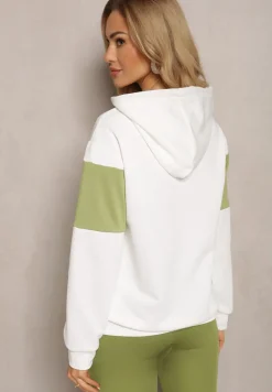 Biało-Zielona Bluza z Bawełny Typu Kangur z Kapturem Hetella