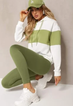 Biało-Zielona Bluza z Bawełny Typu Kangur z Kapturem Hetella