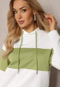 Biało-Zielona Bluza z Bawełny Typu Kangur z Kapturem Hetella