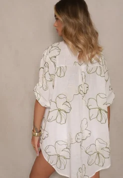 Biało-Zielona Koszula o Kroju Oversize z Podpinanymi Rękawami i Ozdobnym Haftem Follenea