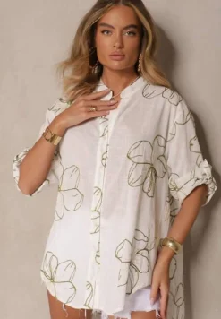 Biało-Zielona Koszula o Kroju Oversize z Podpinanymi Rękawami i Ozdobnym Haftem Follenea