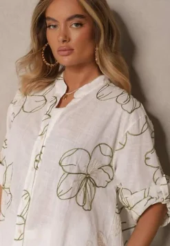Biało-Zielona Koszula o Kroju Oversize z Podpinanymi Rękawami i Ozdobnym Haftem Follenea