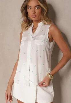 Biało-Zielona Koszula z Wiskozy Ozdobiona Geometrycznym Motywem Lumavale