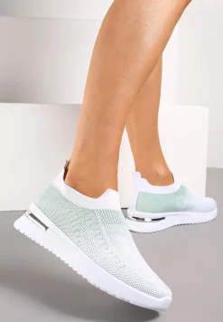 Biało-Zielone Buty Sportowe z Nadrukiem Obmre i Skarpetkową Cholewką Erinevia