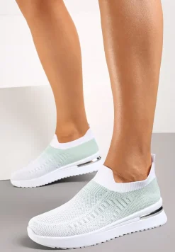 Biało-Zielone Buty Sportowe z Nadrukiem Obmre i Skarpetkową Cholewką Erinevia