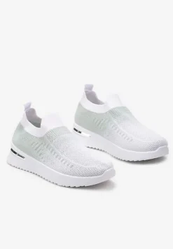 Biało-Zielone Buty Sportowe z Nadrukiem Obmre i Skarpetkową Cholewką Erinevia