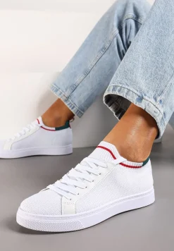Biało-Zielone Płaskie Sneakersy Wsuwane z Imitacji Skóry ze Sznurowaniami Gaxia