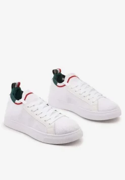 Biało-Zielone Płaskie Sneakersy Wsuwane z Imitacji Skóry ze Sznurowaniami Gaxia