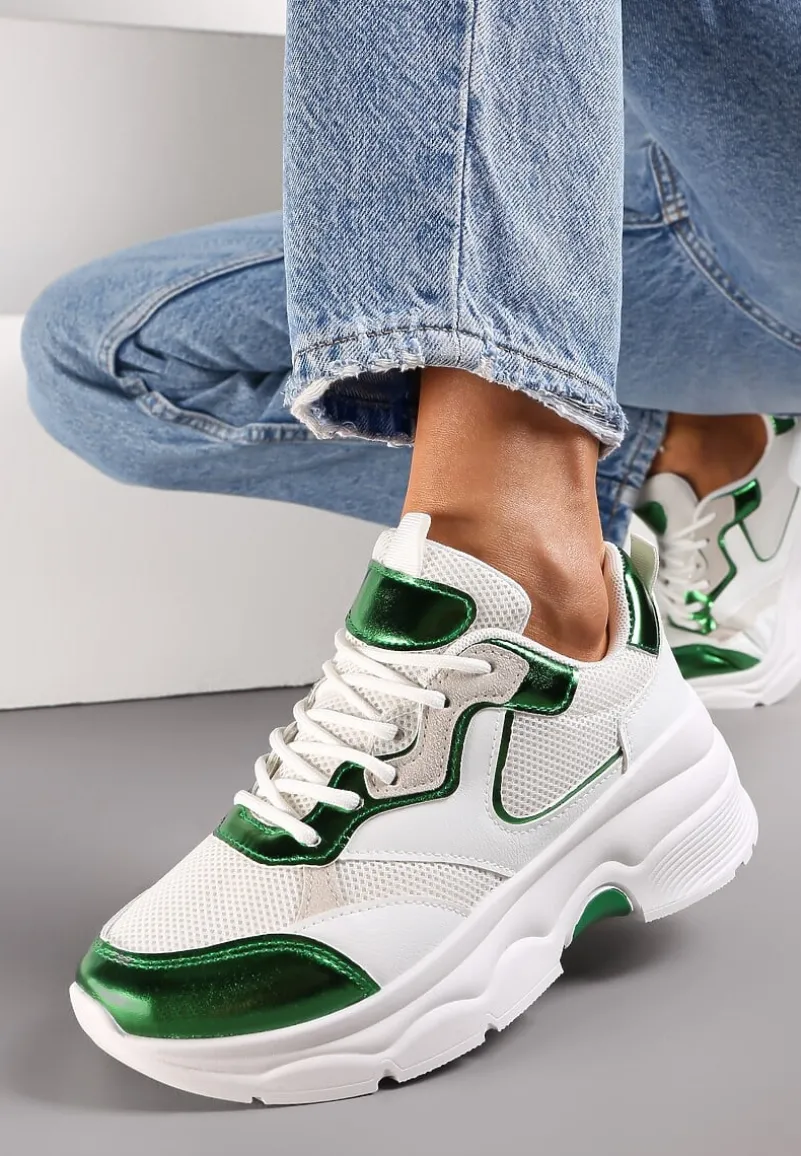 Biało-Zielone Sneakersy na Grubej Podeszwie ze Wstawkami z Perforacją Lanya