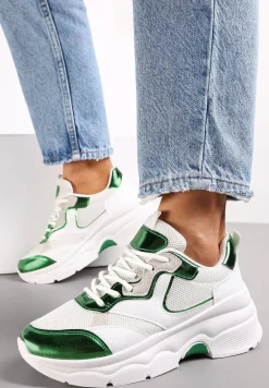 Biało-Zielone Sneakersy na Grubej Podeszwie ze Wstawkami z Perforacją Lanya