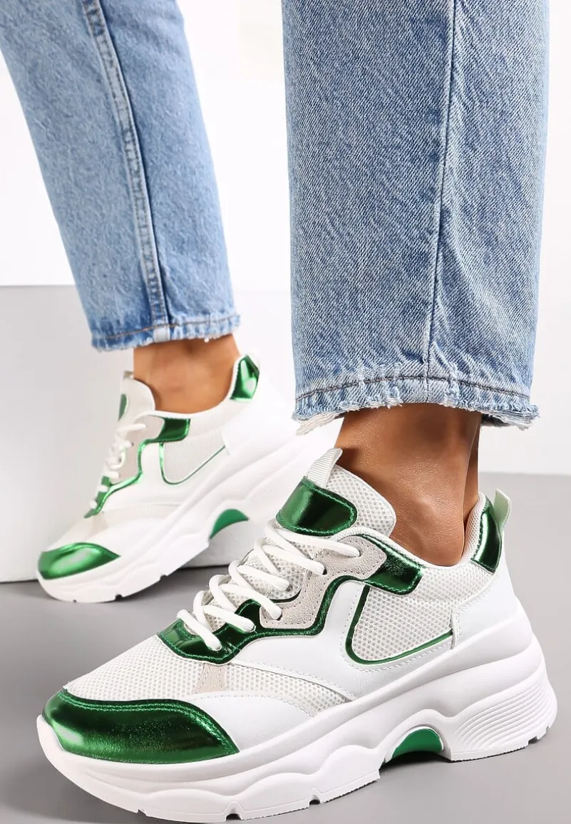 Biało-Zielone Sneakersy na Grubej Podeszwie ze Wstawkami z Perforacją Lanya