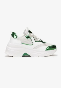 Biało-Zielone Sneakersy na Grubej Podeszwie ze Wstawkami z Perforacją Lanya