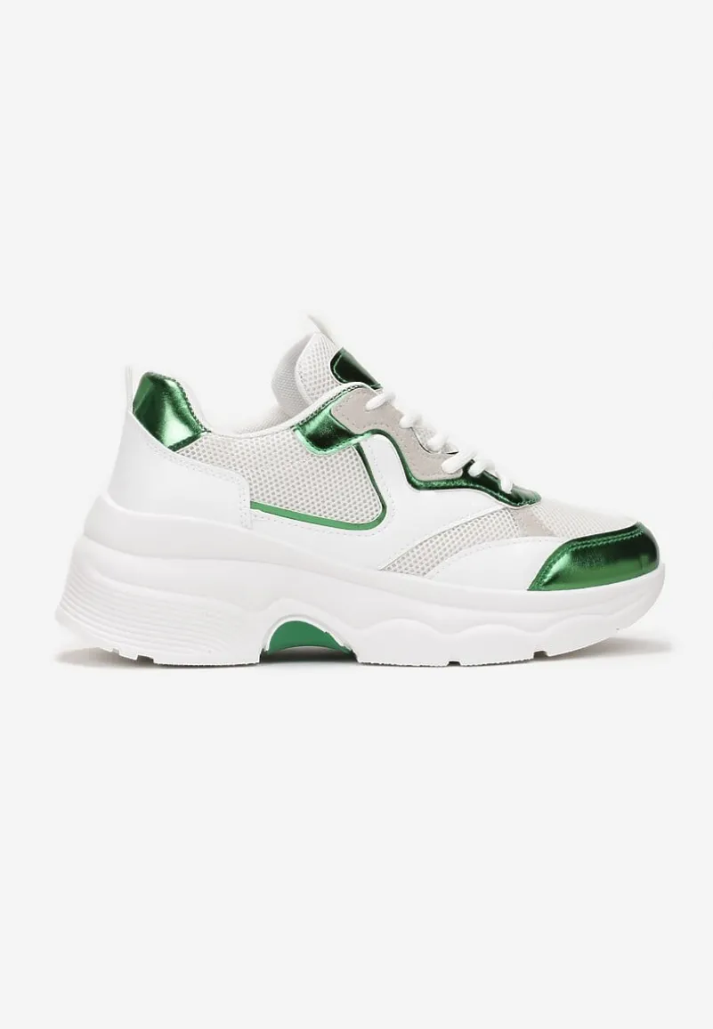 Biało-Zielone Sneakersy na Grubej Podeszwie ze Wstawkami z Perforacją Lanya