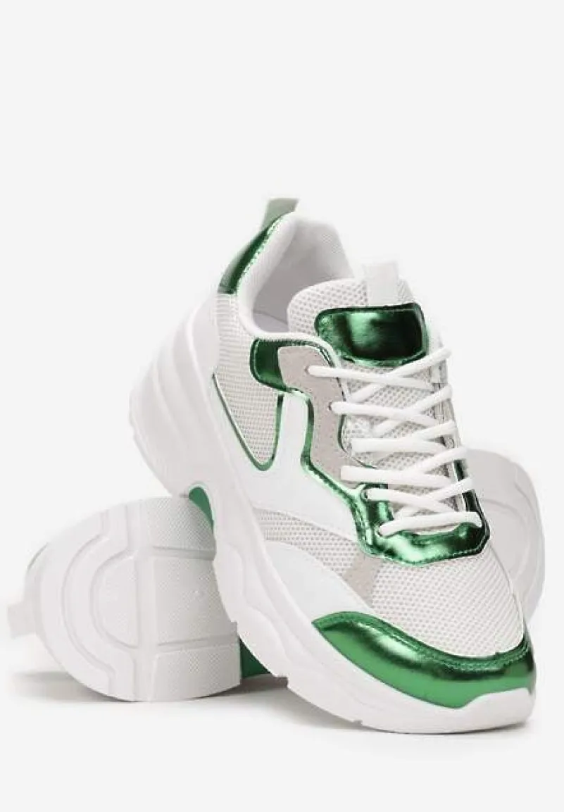 Biało-Zielone Sneakersy na Grubej Podeszwie ze Wstawkami z Perforacją Lanya