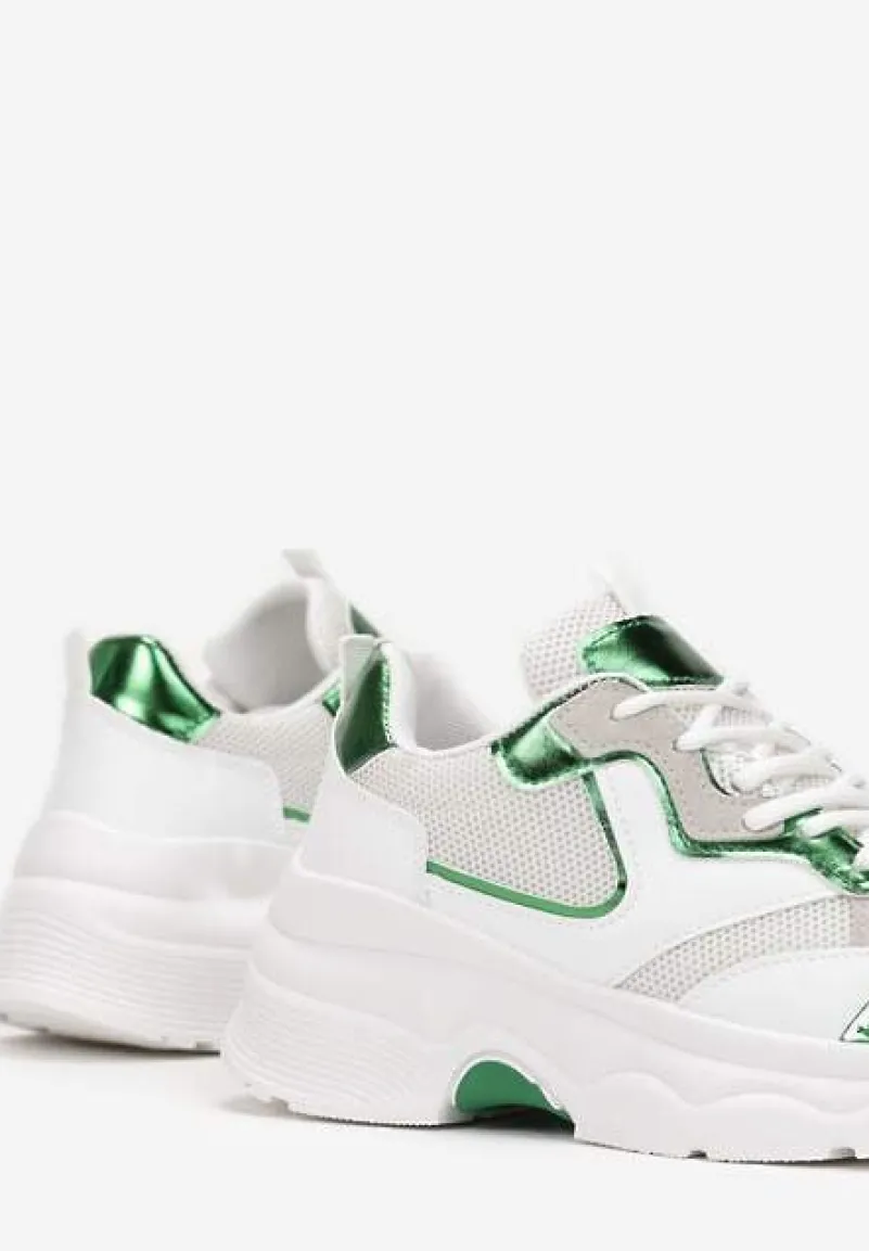 Biało-Zielone Sneakersy na Grubej Podeszwie ze Wstawkami z Perforacją Lanya
