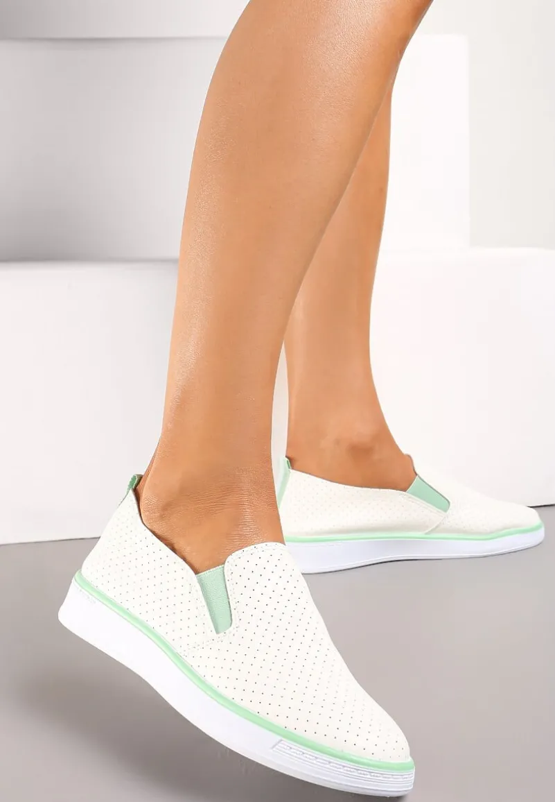 Biało-Zielone Tenisówki z Ekoskóry z Ozdobną Perforacją i Brokatem Alirentta