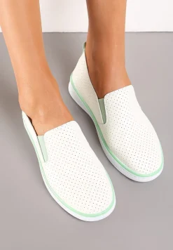 Biało-Zielone Tenisówki z Ekoskóry z Ozdobną Perforacją i Brokatem Alirentta