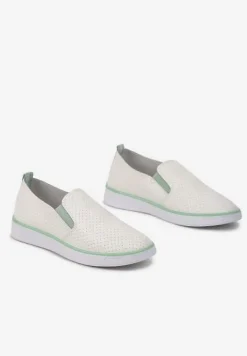 Biało-Zielone Tenisówki z Ekoskóry z Ozdobną Perforacją i Brokatem Alirentta