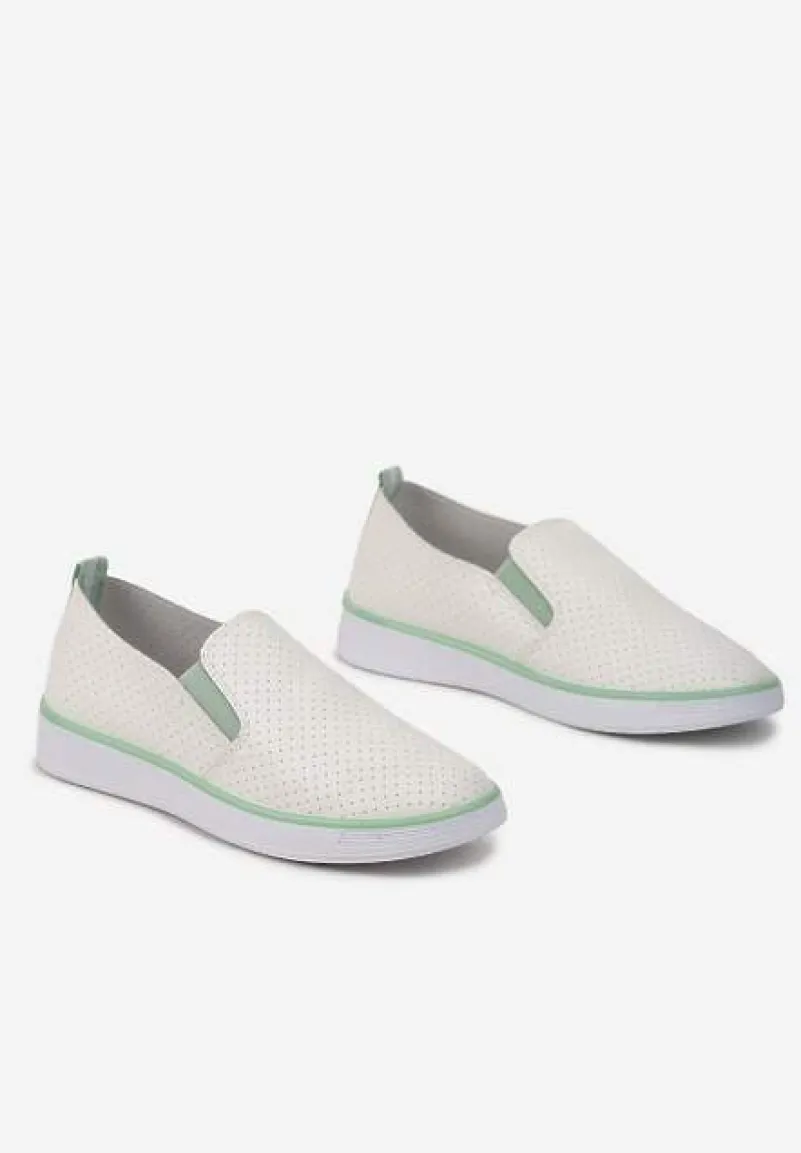 Biało-Zielone Tenisówki z Ekoskóry z Ozdobną Perforacją i Brokatem Alirentta