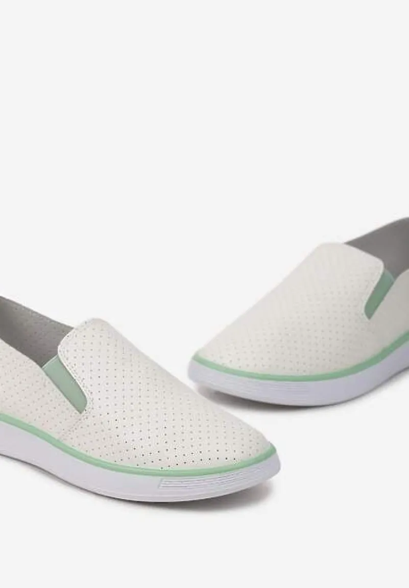 Biało-Zielone Tenisówki z Ekoskóry z Ozdobną Perforacją i Brokatem Alirentta